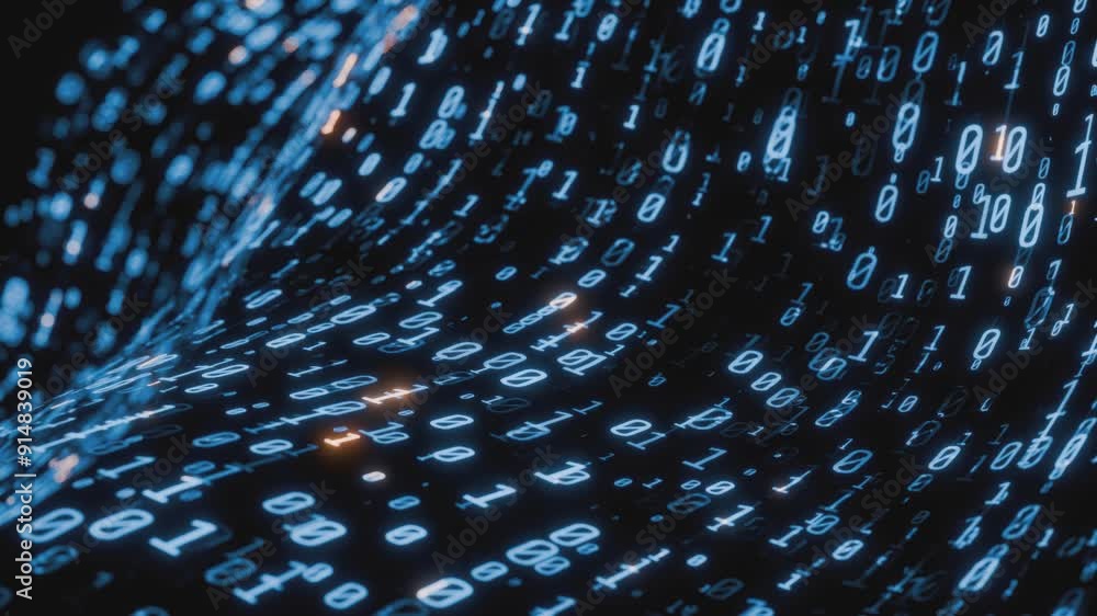 Poster Seamless loop. Flowing digital binary data on wavy surface. Depth of field effect. Inside AI concept. Technology background, Smooth animation