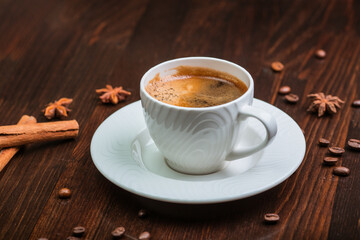 cup of coffee on wooden table
