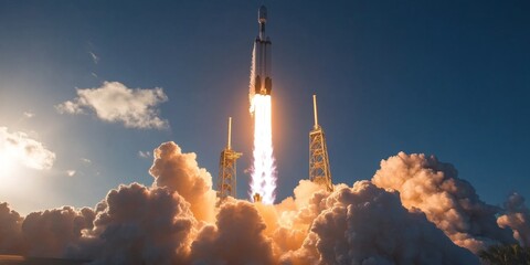 Powerful Rocket Launch: Soaring Through Clouds of Smoke and Gas. Inspiring Symbol of Technological Advancement, Space Exploration, and Scientific Progress. Perfect Backdrop for Educational Marketing, 