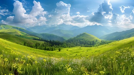 Fototapeta premium Mountain Landscape with Green Grass and Blue Sky