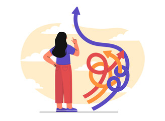 Woman chooses path. Young girl makes decision. Career ambitions and motivation. Novice specialist and student choosing way and direction. Flat vector illustration