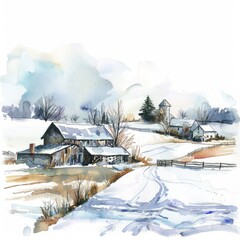 Watercolor painting of a wintery farm with snow-covered fields, on isolated white background