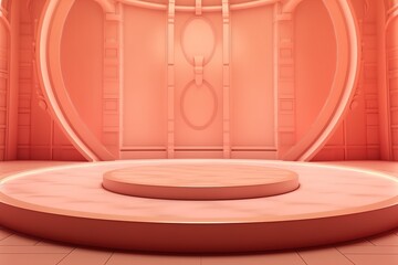 Minimalist coral pink podium in an abstract, ornate interior with a circular base and a platform for product display.