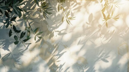 Olive tree shadows on white wall, summer lens flare. Soft, blurred sunlight, empty space. Mediterranean vibe.