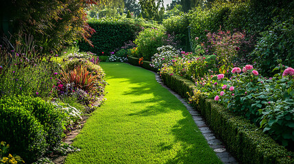 A lush green garden with a variety of blooming flowers and neatly trimmed hedges 