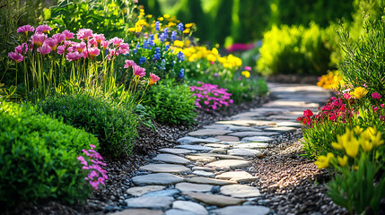 A serene garden pathway lined with colorful flower beds and ornamental plants 