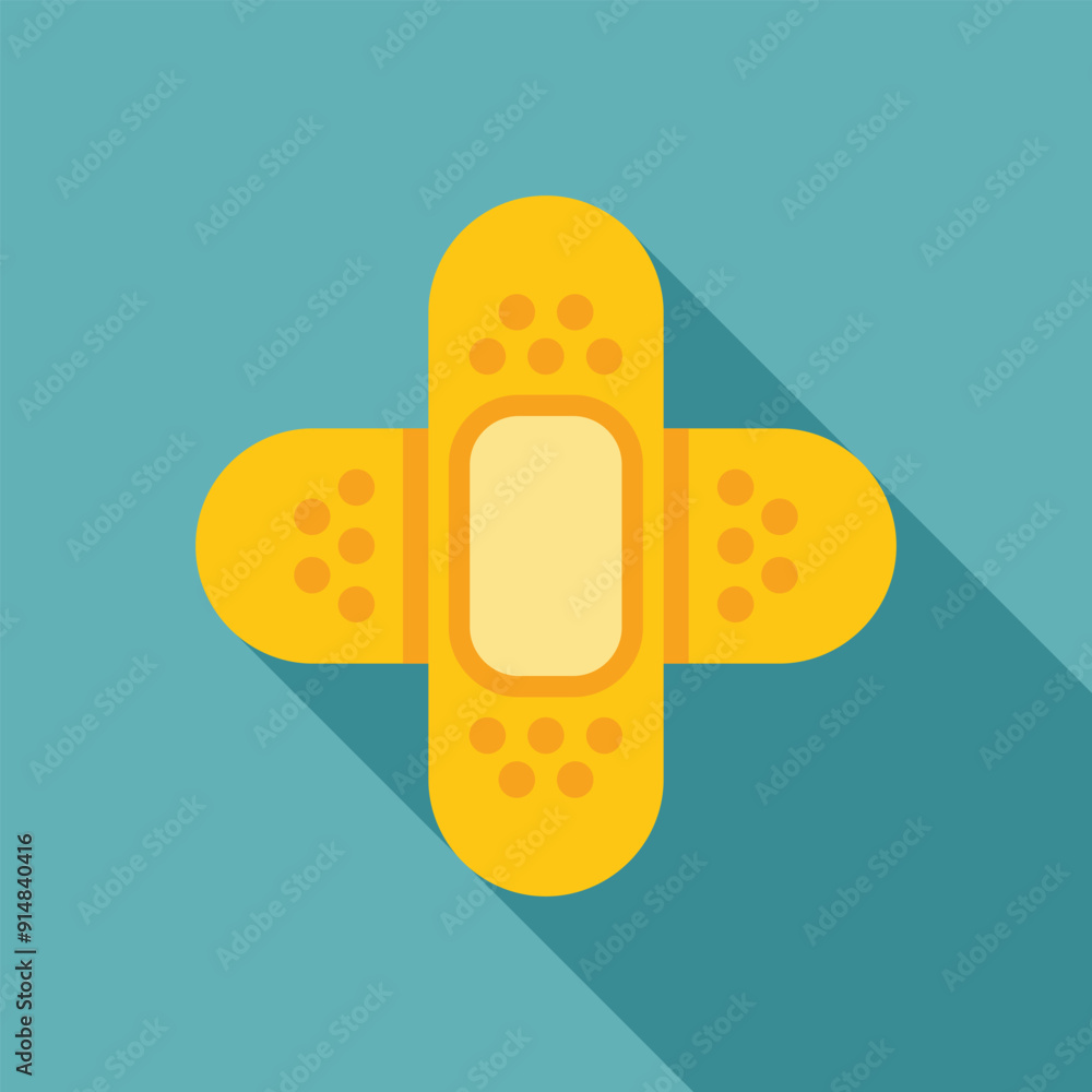 Sticker yellow adhesive bandage forming a cross shape, representing first aid and wound care