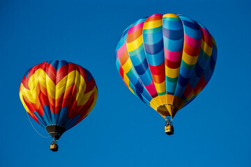 Naklejka premium Winning stock photo of two colorful hot air balloons flying in a clear blue sky.