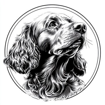 Black and white Vintage engraved art of a Cocker Spaniel in a circular stamp logo style, isolated on white background, ink sketch illustration, simple vector art design, highly detailed line art