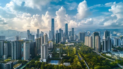 Obraz premium Aerial View of Modern City Skyline with Green Space