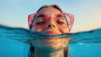 Naklejka premium Woman enjoying a sunset swim, holiday, summer Background