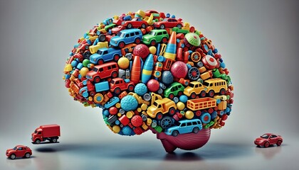 Cerebro conformado de muchos juguetes infantiles. representa la importancia del juego en el niño para el desarrollo neurológico del cerebro. Apto para todo aquel que practique la neurologia. Abstracto