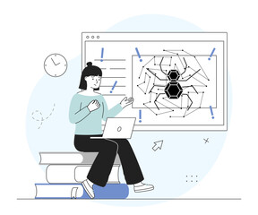 Woman with computer virus. Sad young girl with bug on laptop screen. Hacking and theft of personal data. Internet safety and antivirus. Linear vector illustration