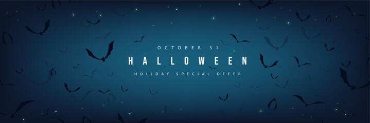 Happy Halloween banner night scene with flock of bats flying