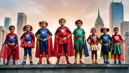 Ni&ntilde;os vestidos de superheroes caminan juntos. de fondo se observa una ciudad con altos rascacielos. 