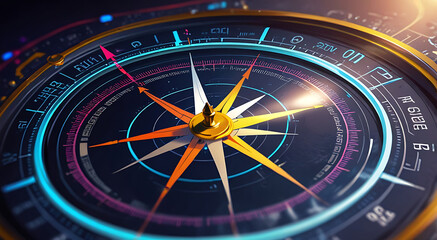 An Abstract futuristic digital compass, concept of Mission path and business success, closeup of compass

