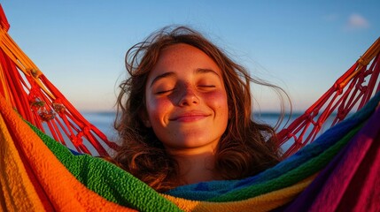 Woman relaxing in a beach hammock, getaway, summer Background