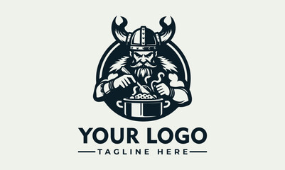 Viking chef logo vector with a horned helmet stirring a pot with a wooden spoon, perfect for food or historicalthemed designs.