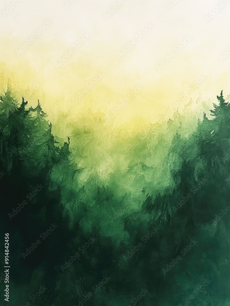 Poster serene gradient blending from deep forest green to moss green transitioning to soft pale yellow abst