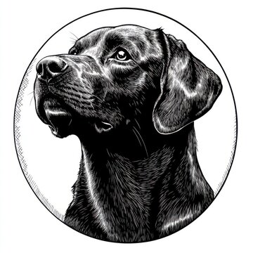 Black and white Vintage engraved art of a Labrador Retriever in a circular stamp logo style, isolated on white background, ink sketch illustration, simple vector art design, highly detailed line art