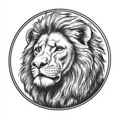 Obraz premium Black and white Vintage engraved art of a lion's head in a circular stamp logo style, isolated on white background, ink sketch illustration, simple vector art design, highly detailed line art