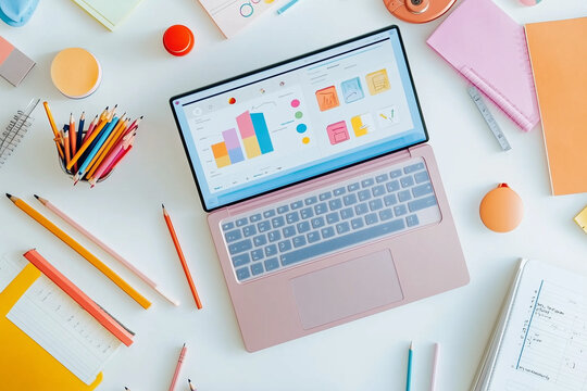 A laptop displaying an educational app, surrounded by school supplies like notebooks and pencils
