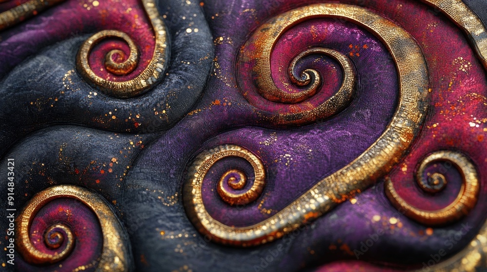Poster mesmerizing abstract swirl patterns created with metallic threads and embroidered designs showcasing