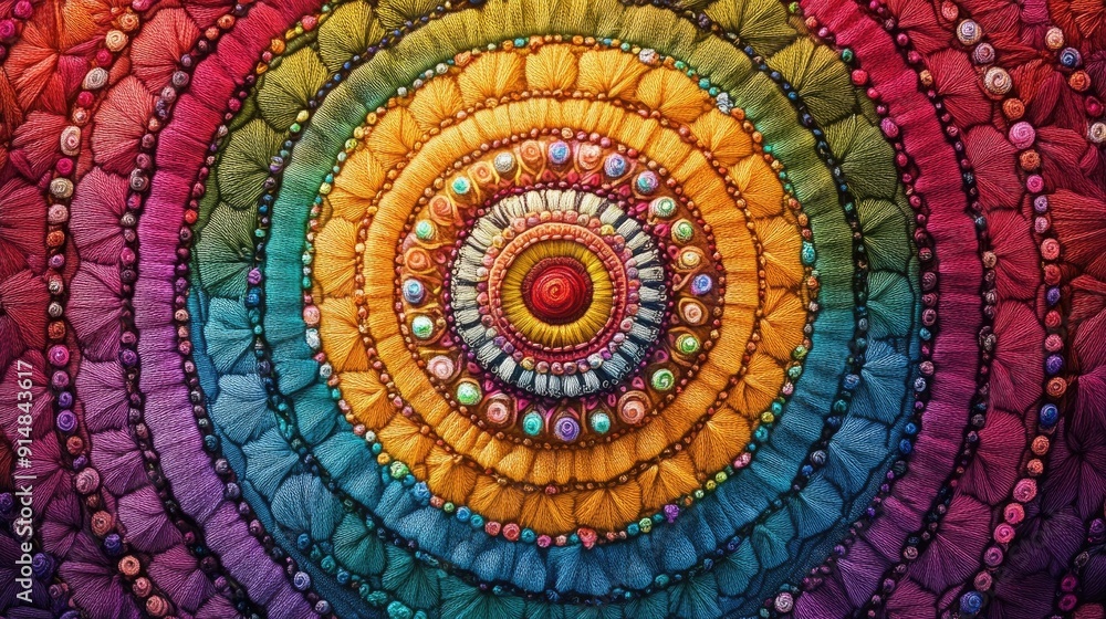 Poster of a colorful mandala design with intricate concentric circles in rainbow embroidered threads spirit