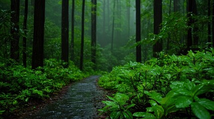Fototapeta premium Wanderlust, serene forest, hiking path Background