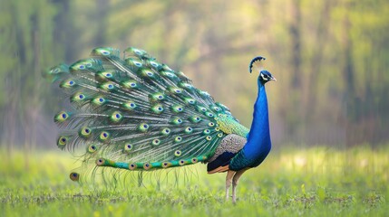 Obraz premium A Majestic Peacock with Its Feathers Spread in a Green Meadow