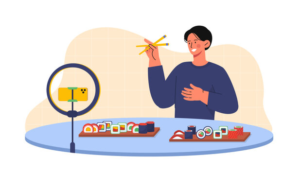 Blogger tasting sushi. Guy with chopsticks eats seafood on camera. Traditional Japanese cuisine. Blogger creates interesting content for video hosting and social networks. Flat vector illustration