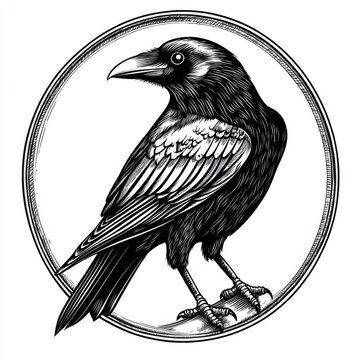 recommend clip art: Black and white Vintage engraved art of a raven in a circular stamp logo style, isolated on white background, ink sketch illustration, simple vector art design, highly detailed line art