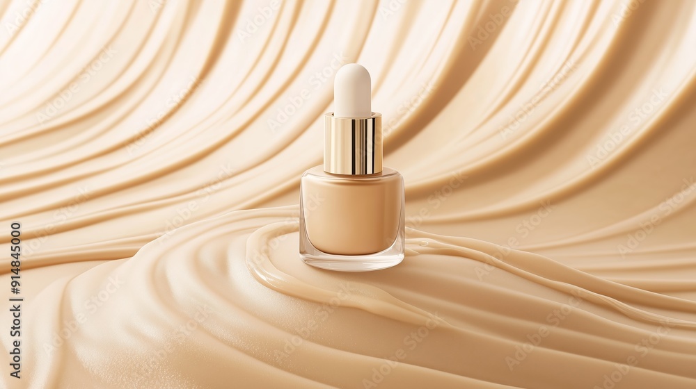 Poster bottle of liquid foundation on a smooth creamy surface at studio setting