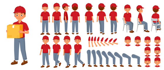 Delivery man constructor. Young guy with cardboard box. Pack of heads, legs and hands for creating animations. Express delivery by courier. Flat vector collection