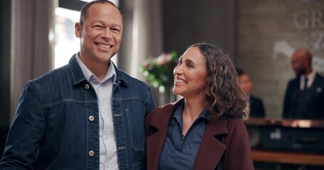 Couple, forehead kiss and happy in hotel reception area with confidence on vacation, journey and trip. People, relationship and smile in resort for accommodation or hospitality on holiday as soulmate