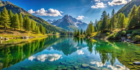Fototapeta premium Alpine high mountain lake with coniferous woods reflected in the water in Antrona valley Campliccioli lake, Italy Piedmont
