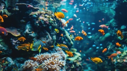 Colorful Fish Swimming Among Coral Reefs in a Tropical Aquarium