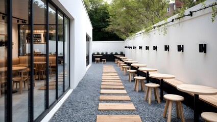 Obraz premium Minimalist outdoor cafe design with white walls and neatly arranged wooden tables and chairs. Ai Generative.