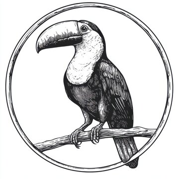 recommend clip art: Black and white Vintage engraved art of a toucan in a circular stamp logo style, isolated on white background, ink sketch illustration, simple vector art design, highly detailed line art