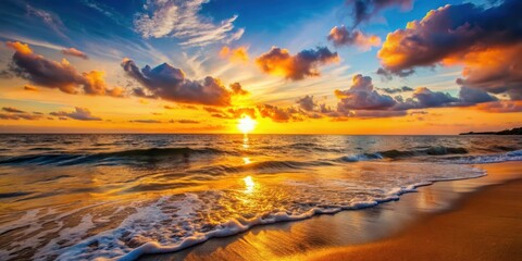 Fototapeta premium A close-up photo of a beautiful sunset by the beach, sunset, beach, nature, sky, clouds, orange, horizon, water, waves