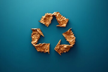 Rustic orange leaves forming a recycle symbol against a vibrant blue background symbolizing autumn renewal.