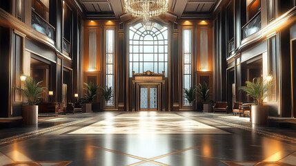 Fototapeta premium The interior of a luxury hotel lobby, a grand entrance hall with tall windows and arched doorways
