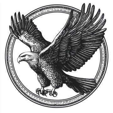 recommend clip art: Black and white Vintage engraved art of an eagle in a circular stamp logo style, isolated on white background, ink sketch illustration, simple vector art design, highly detailed line art