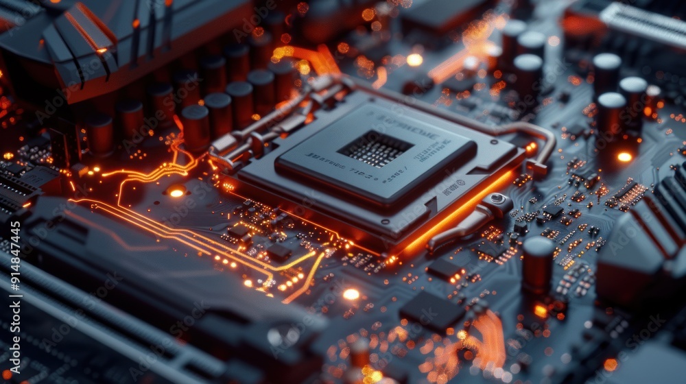 Poster close-up of a computer motherboard with a glowing cpu