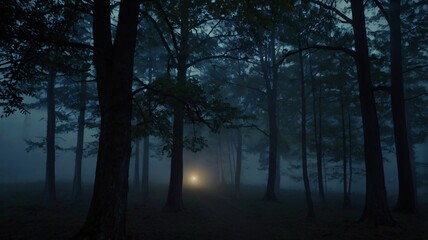 Obraz premium nighttime path in the woods, illuminated by a soft light filtering through the trees 