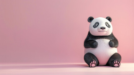 Cute bog panda on pink background with copy space