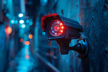 A security camera mounted on a wall, capturing the scene in low light during the night hours
