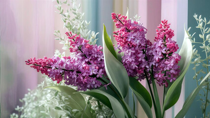 Naklejka premium A stunning minimalist image featuring vibrant lilac flowers with a soft garden background, perfect for home decor and interior design themes. 