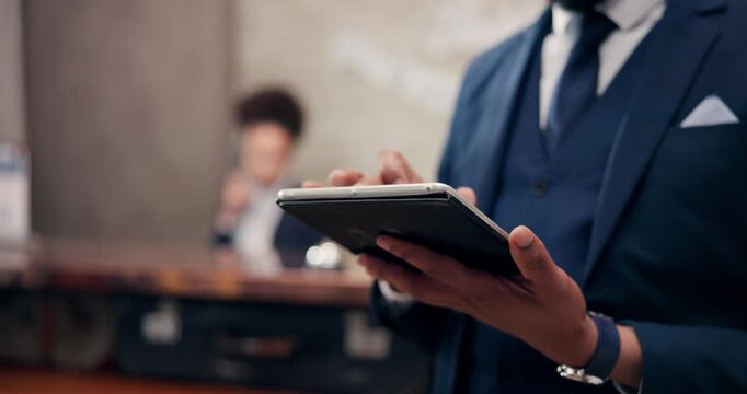 Hands, person and tablet as manager of hotel with online schedule, bookings and portal. Communication, employee and hospitality or accommodation service for digital reservations and guest enquiries