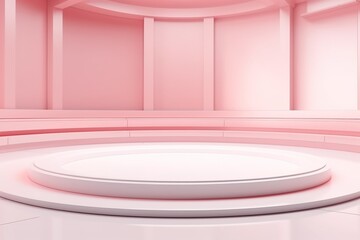Minimalist pink podium in a round room with soft lighting.